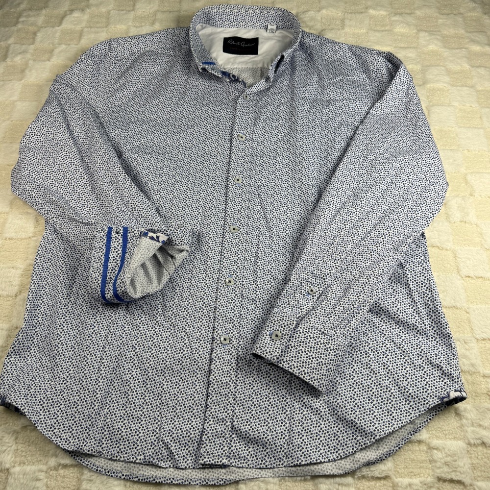 Robert Graham Men's 2XL Button Down Long‎ Sleeve Shirt Whirt with Blue AOP